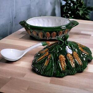 Vintage ceramic Corn covered soup tureen Made in Portugal with spoon